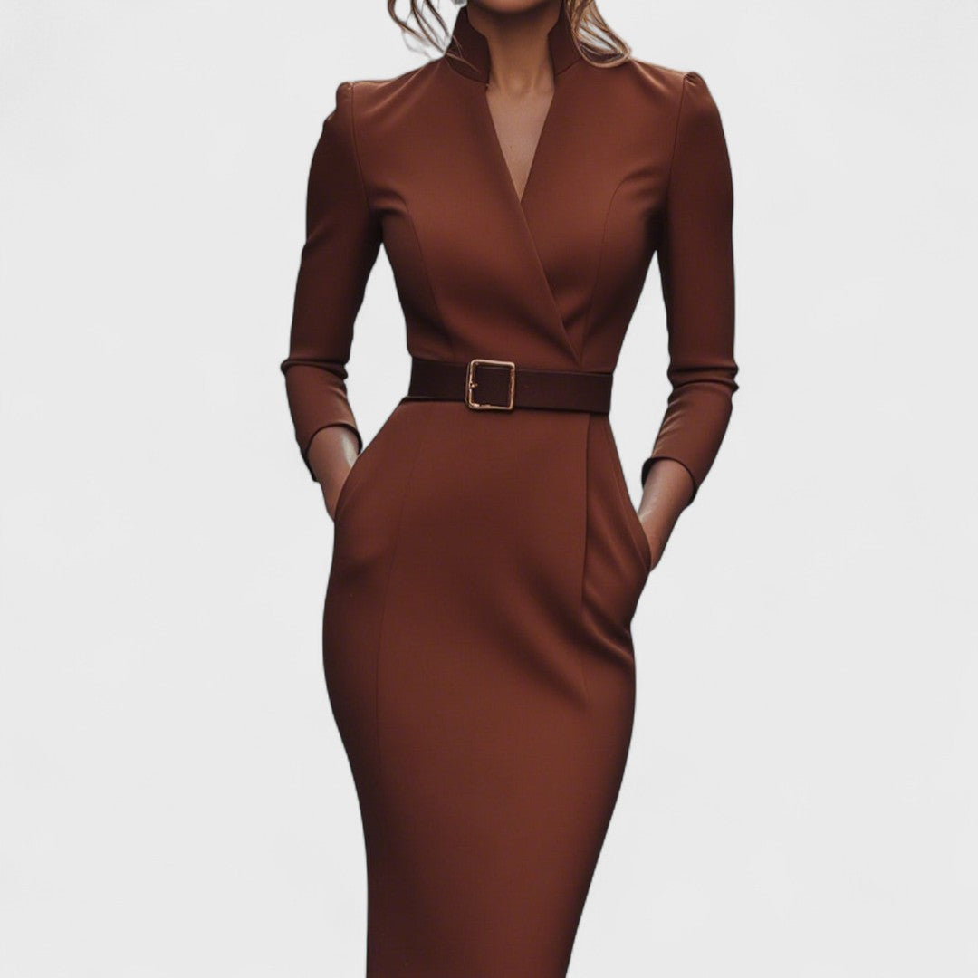 Mandarin | Elegant Belted Dress with Mandarin Collar