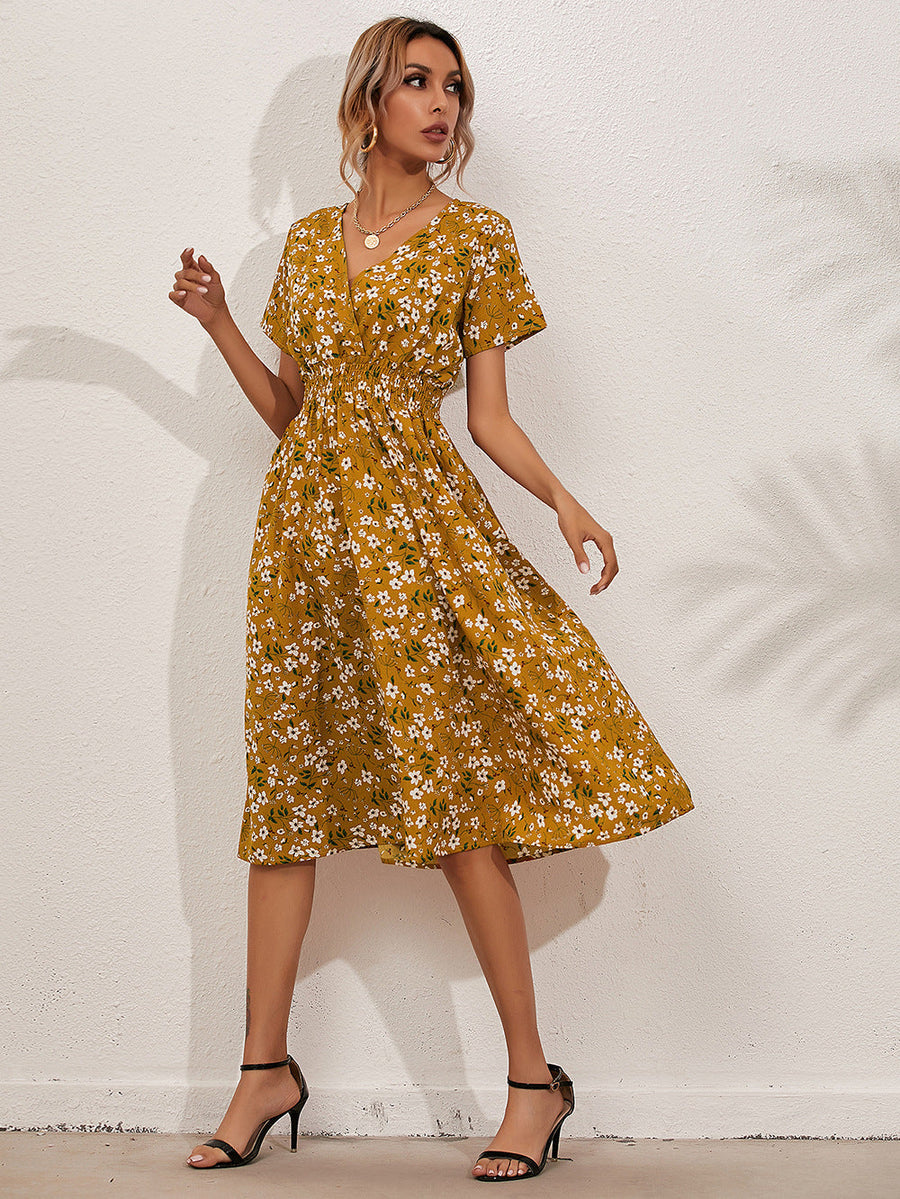 Fashionable Casual Floral Dress with Short Sleeves