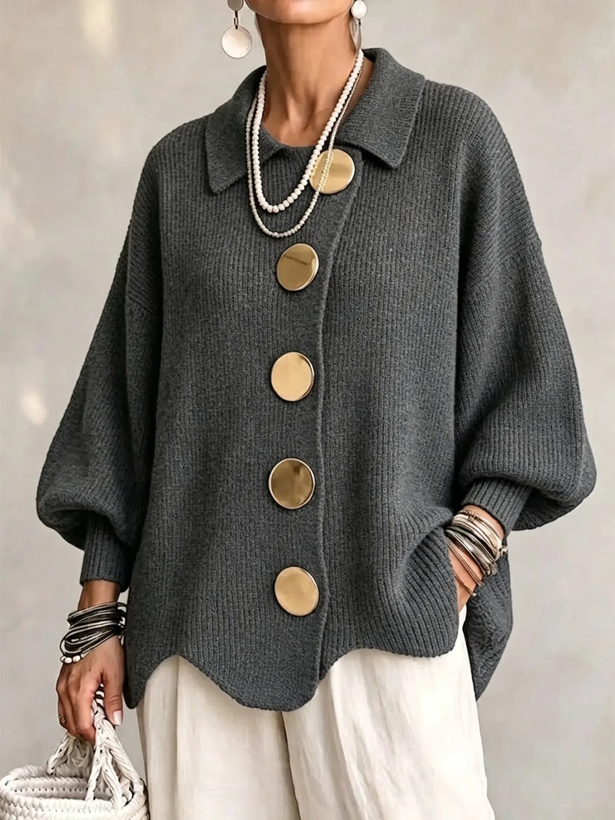 Penelope | Oversized Collared Knit Cardigan With Metal Buttons