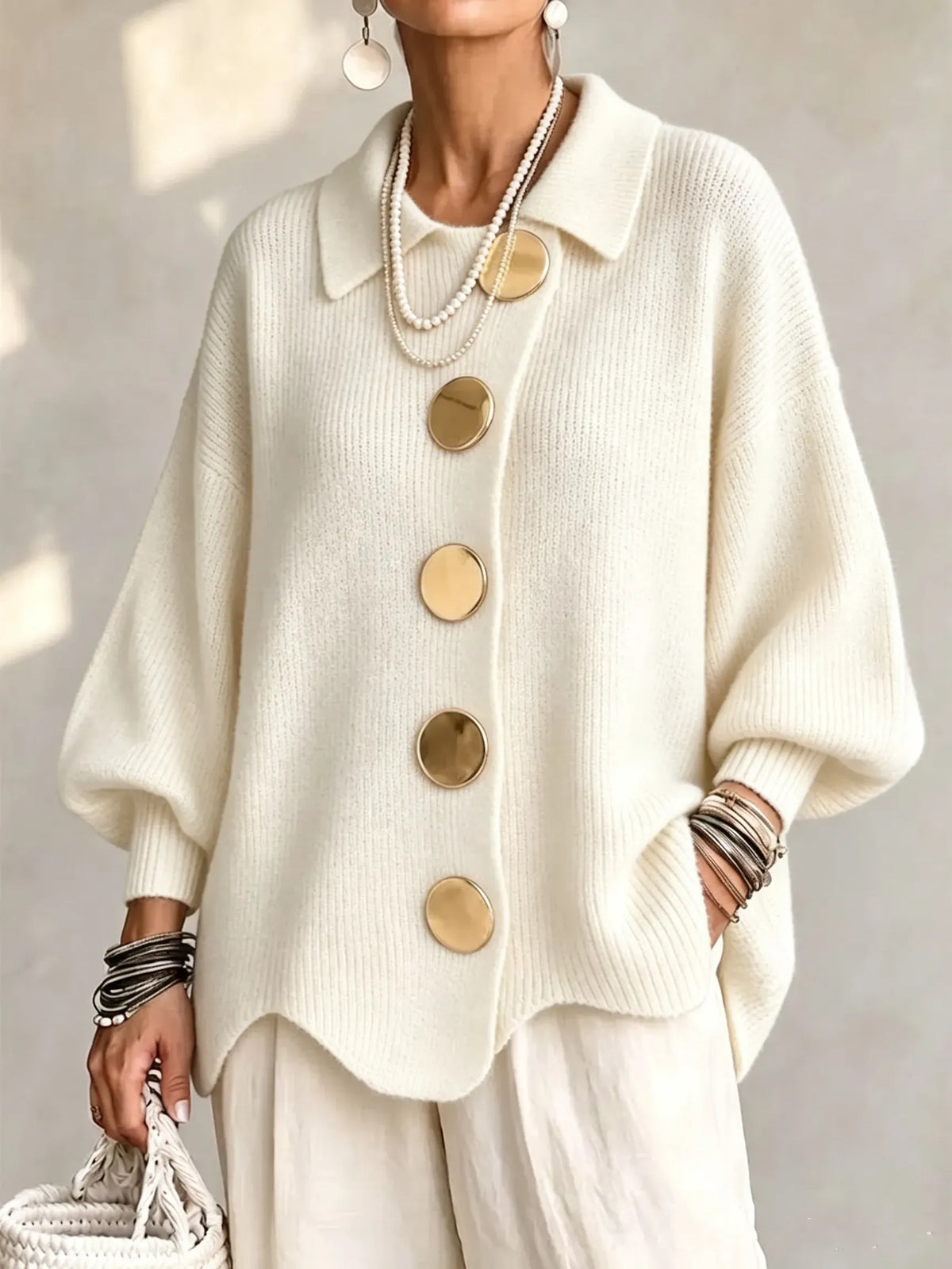 Penelope | Oversized Collared Knit Cardigan With Metal Buttons
