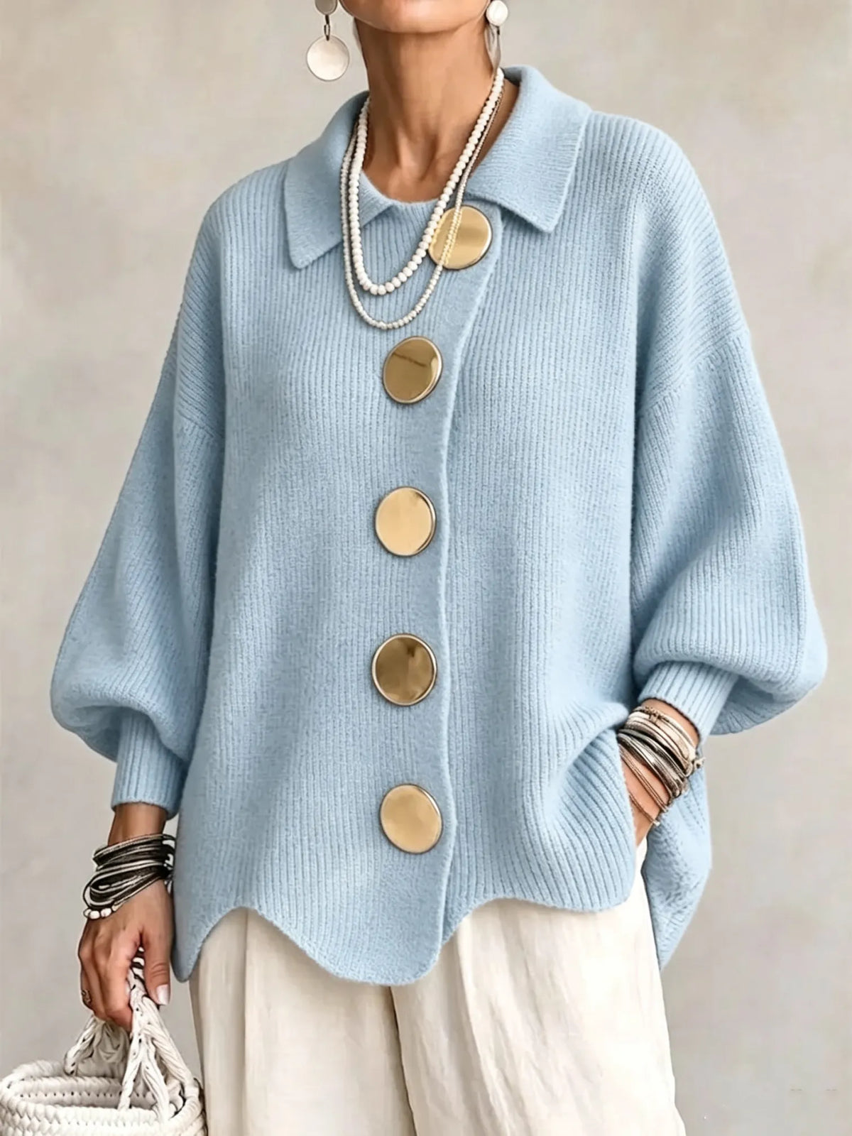 Penelope | Oversized Collared Knit Cardigan With Metal Buttons