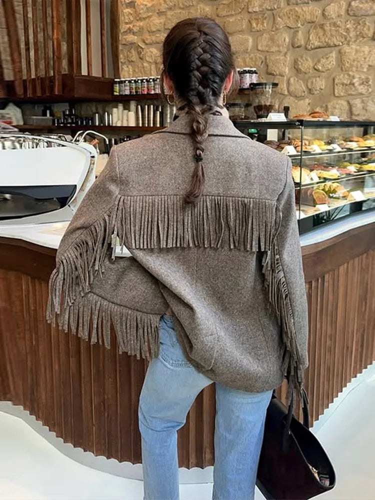 Autumn Bomber Coat – Stylish Woolen Blazer with Tassels