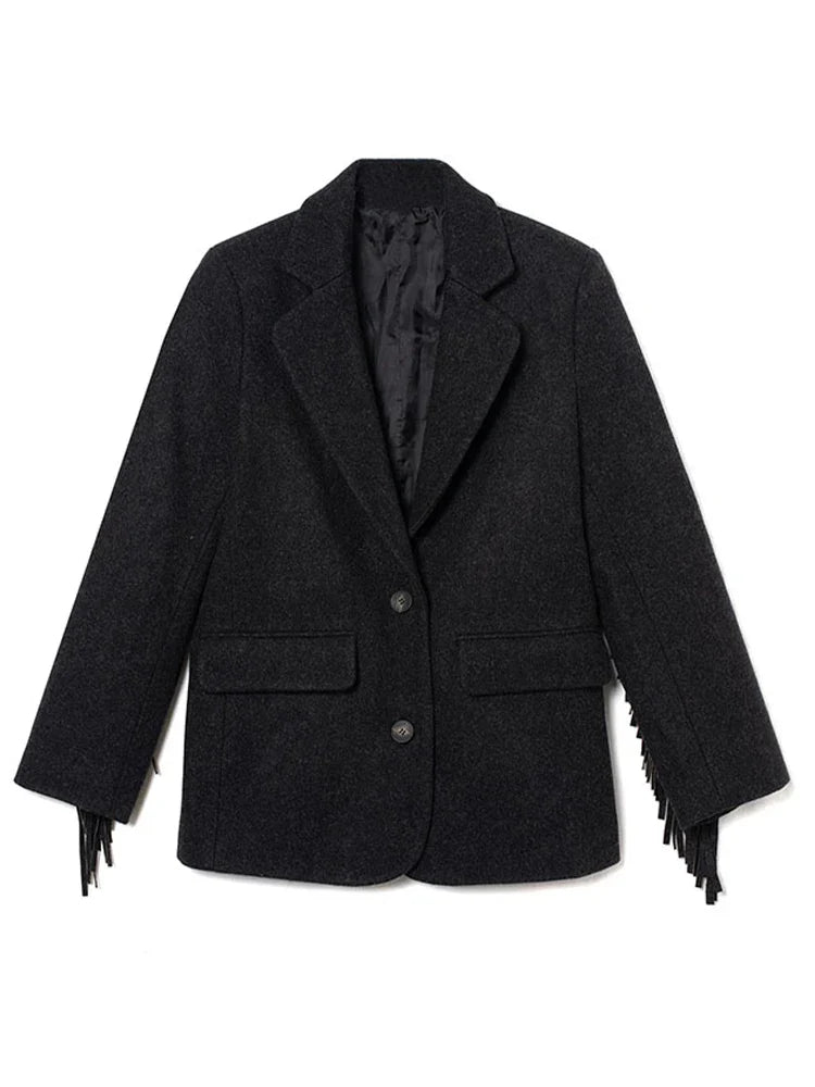 Autumn Bomber Coat – Stylish Woolen Blazer with Tassels