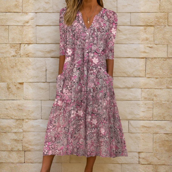 Aubrey | Boho Print Midi Dress with V-Neck Ruffle and Side Pockets