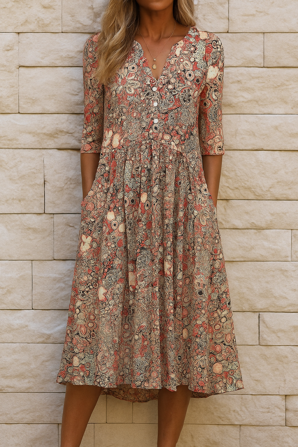Aubrey | Boho Print Midi Dress with V-Neck Ruffle and Side Pockets