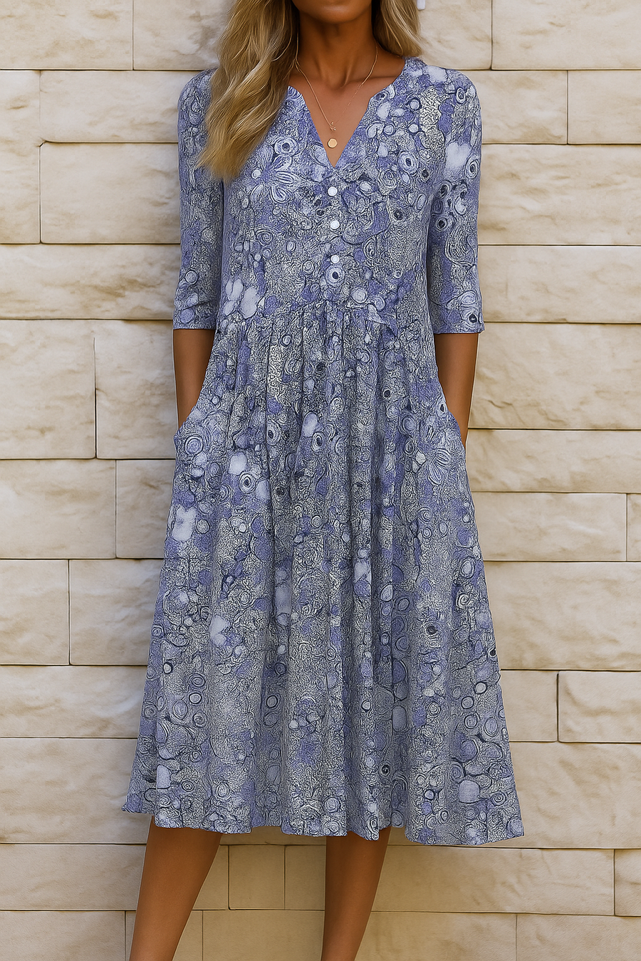 Aubrey | Boho Print Midi Dress with V-Neck Ruffle and Side Pockets