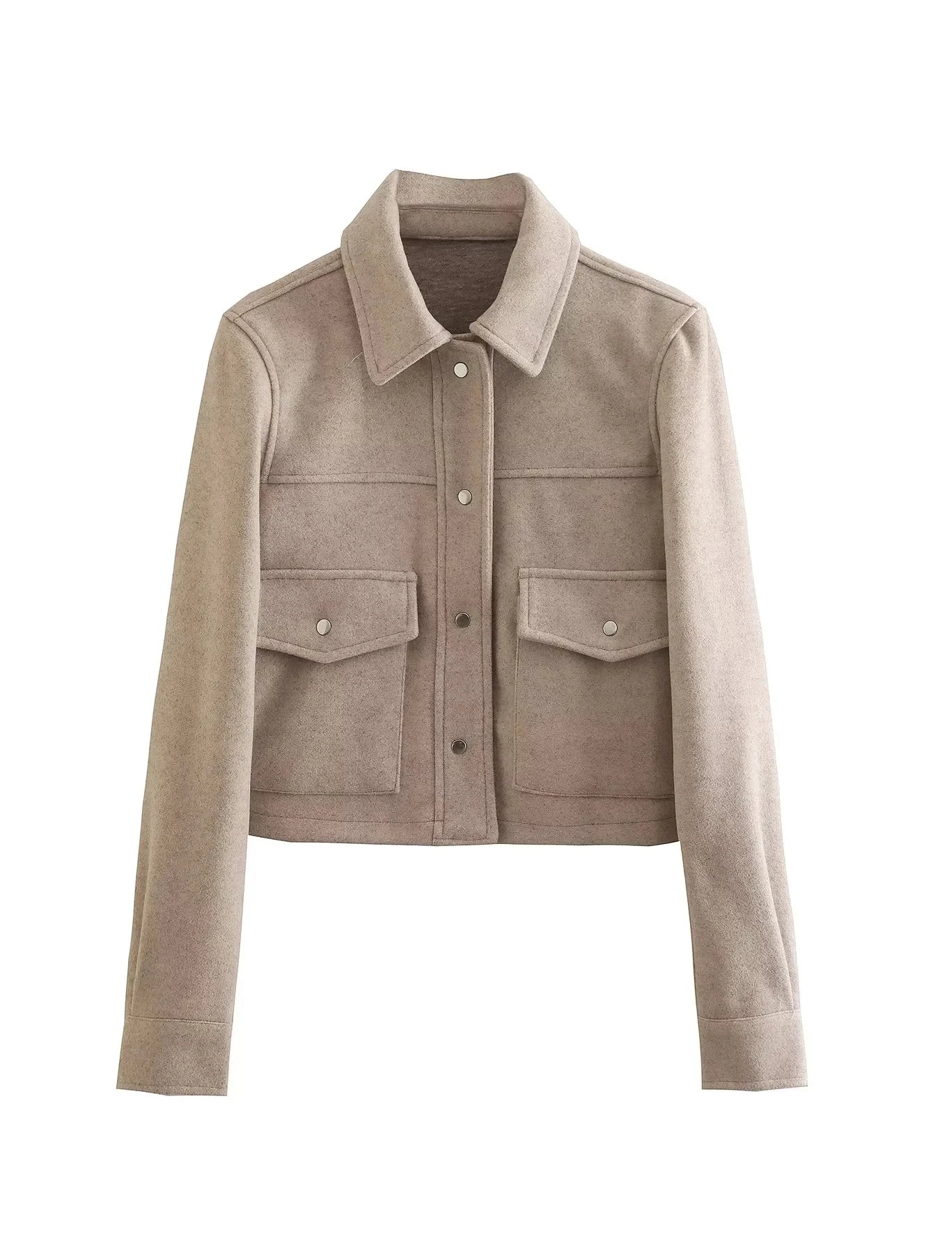 Women’s Cropped Wool-Blend Jacket with Button Front and Structured Utility Design