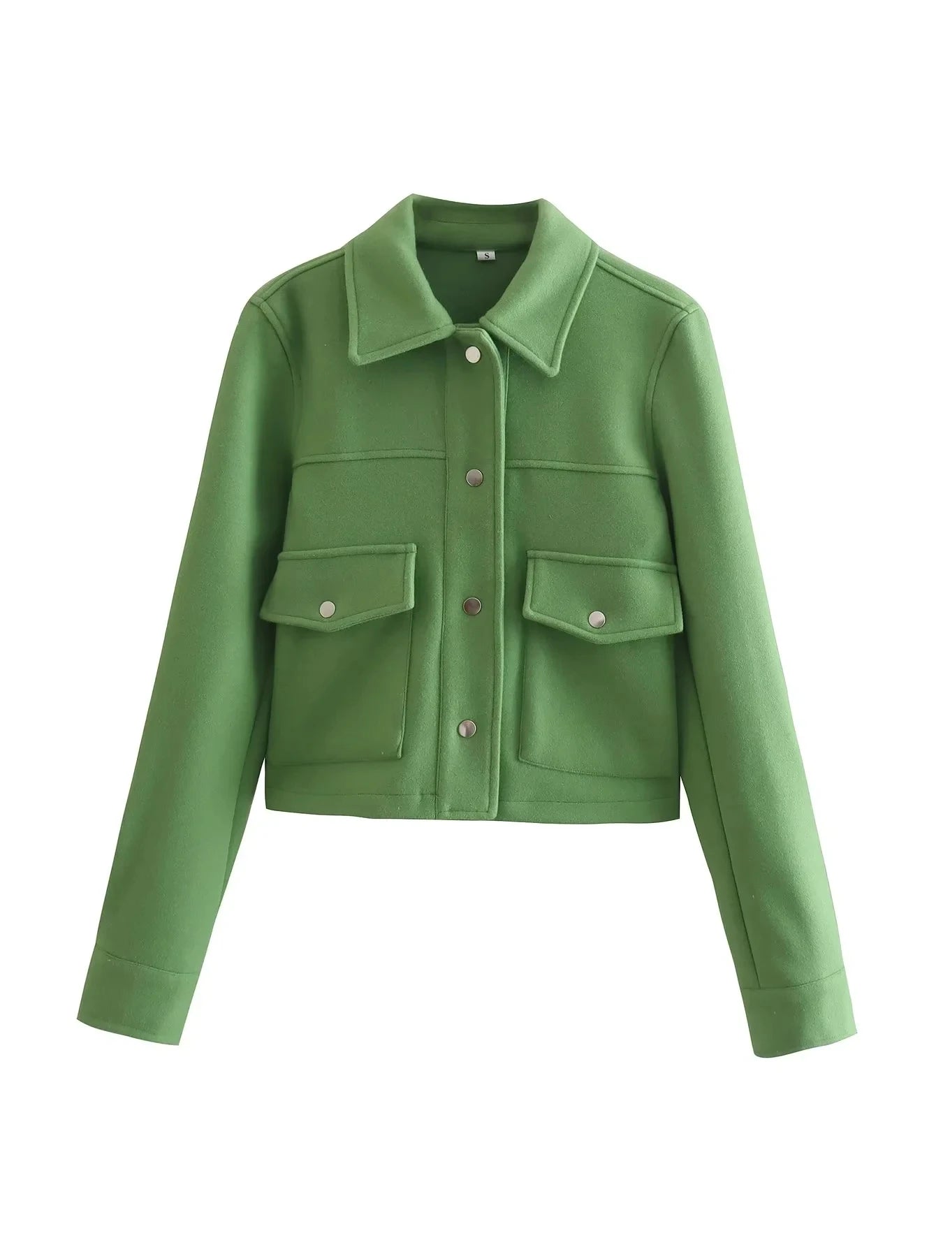 Women’s Cropped Wool-Blend Jacket with Button Front and Structured Utility Design