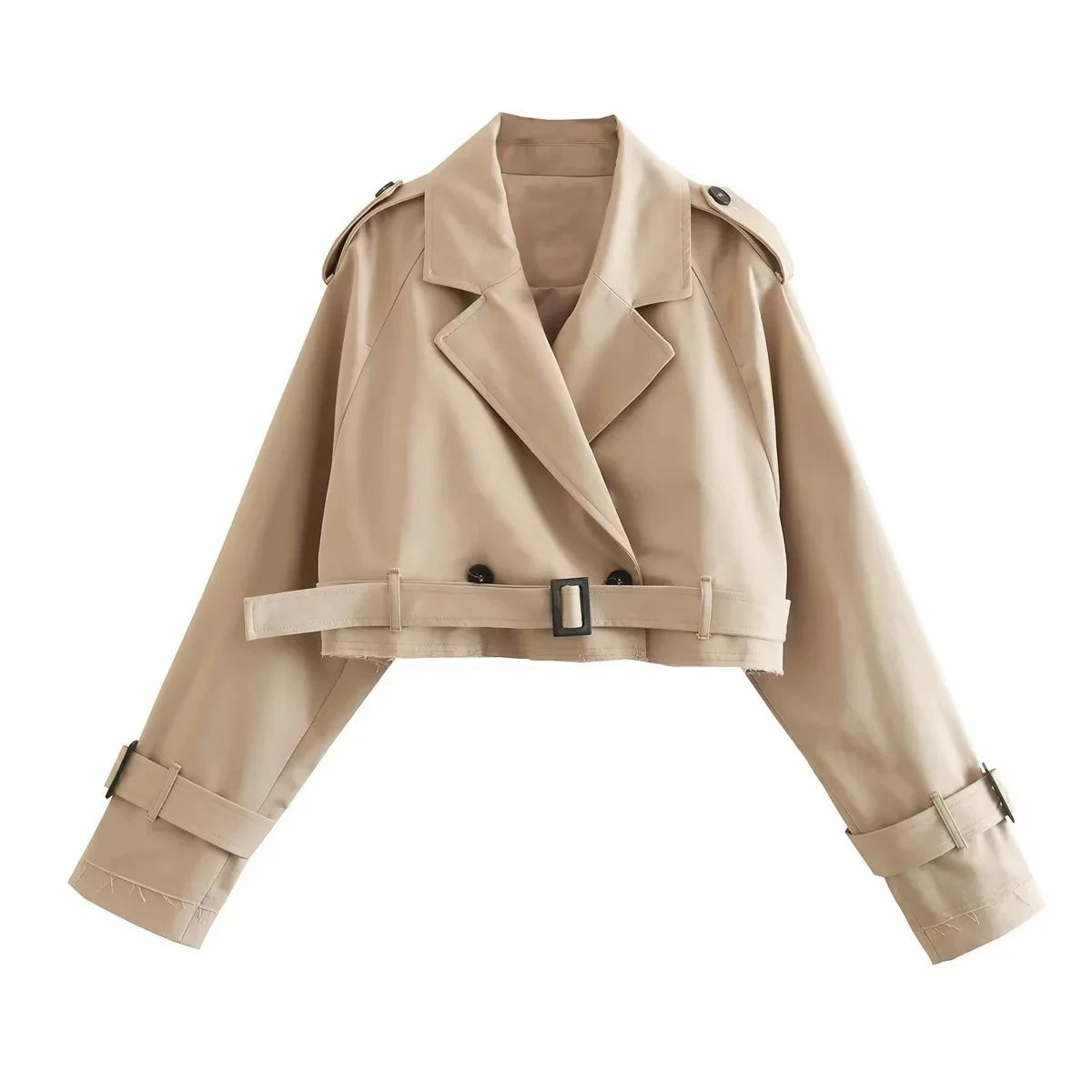 Women’s Cropped Trench Jacket with Belted Waist and Structured Lapel Collar