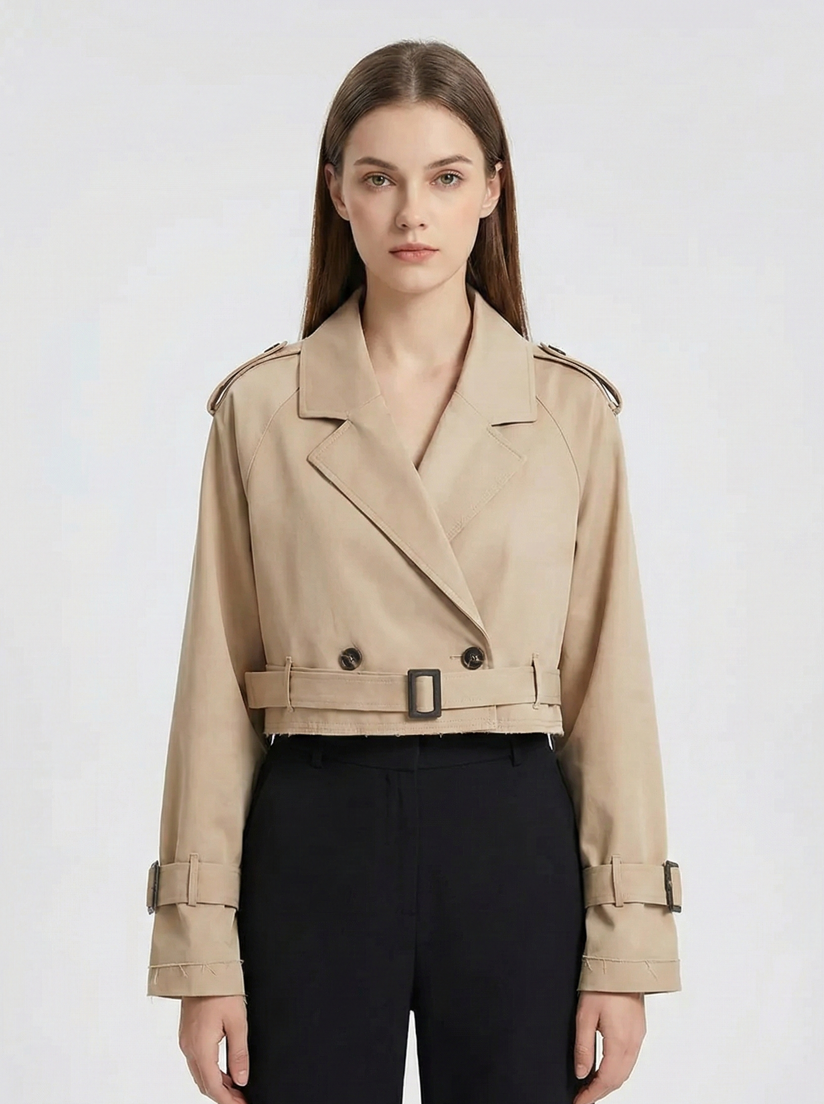 Women’s Cropped Trench Jacket with Belted Waist and Structured Lapel Collar