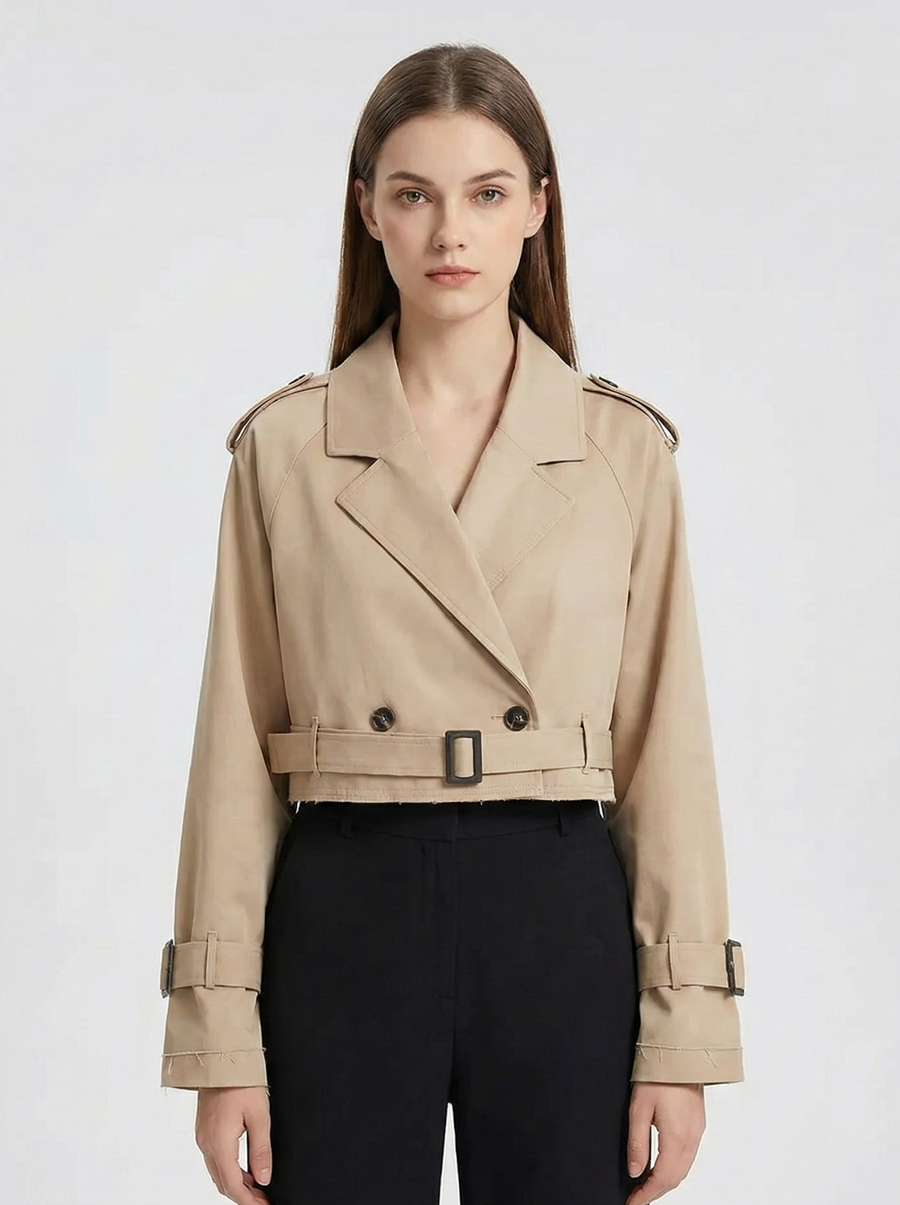 Women’s Cropped Trench Jacket with Belted Waist and Structured Lapel Collar