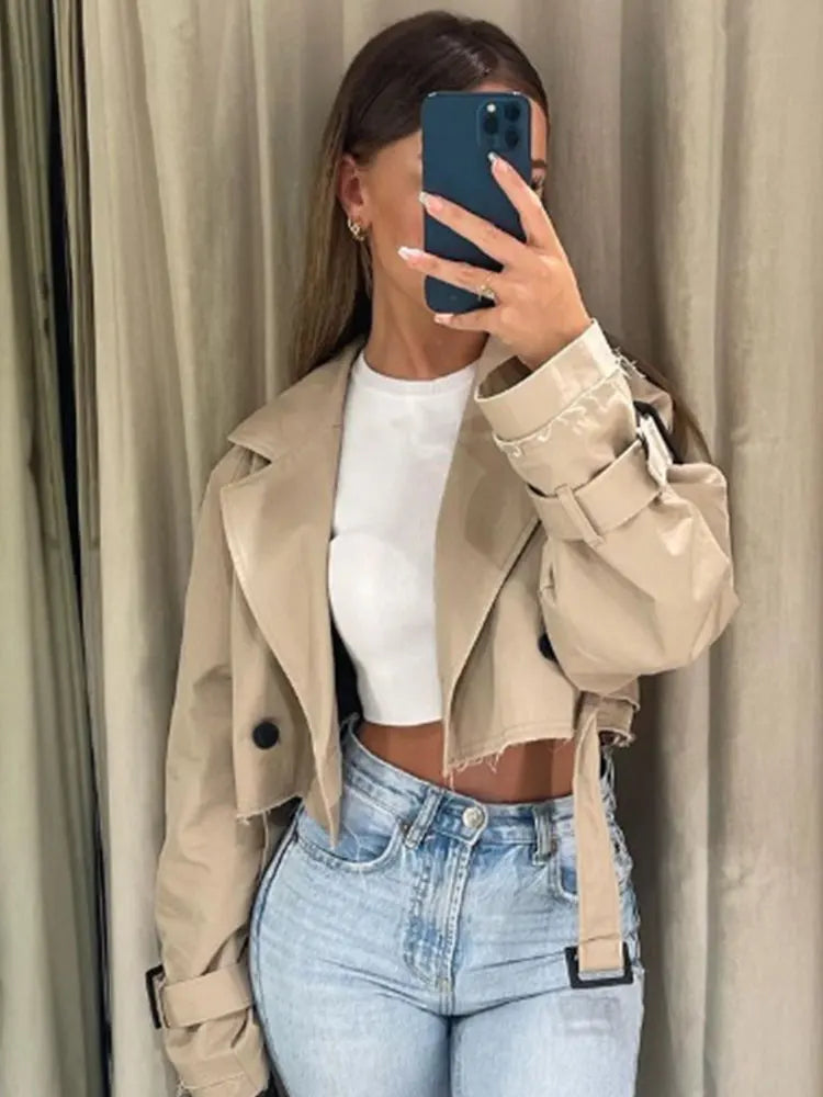 Women’s Cropped Trench Jacket with Belted Waist and Structured Lapel Collar