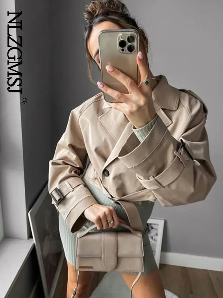 Women’s Cropped Trench Jacket with Belted Waist and Structured Lapel Collar