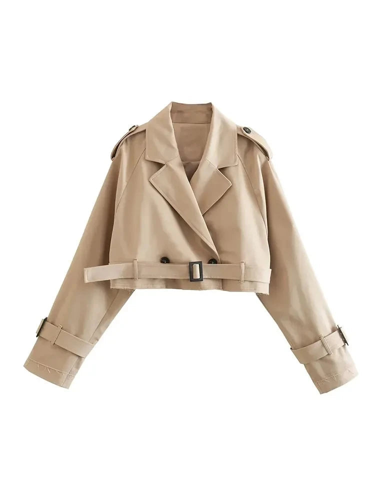 Women’s Cropped Trench Jacket with Belted Waist and Structured Lapel Collar