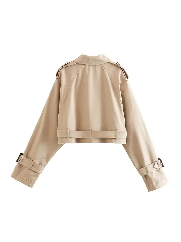Women’s Cropped Trench Jacket with Belted Waist and Structured Lapel Collar