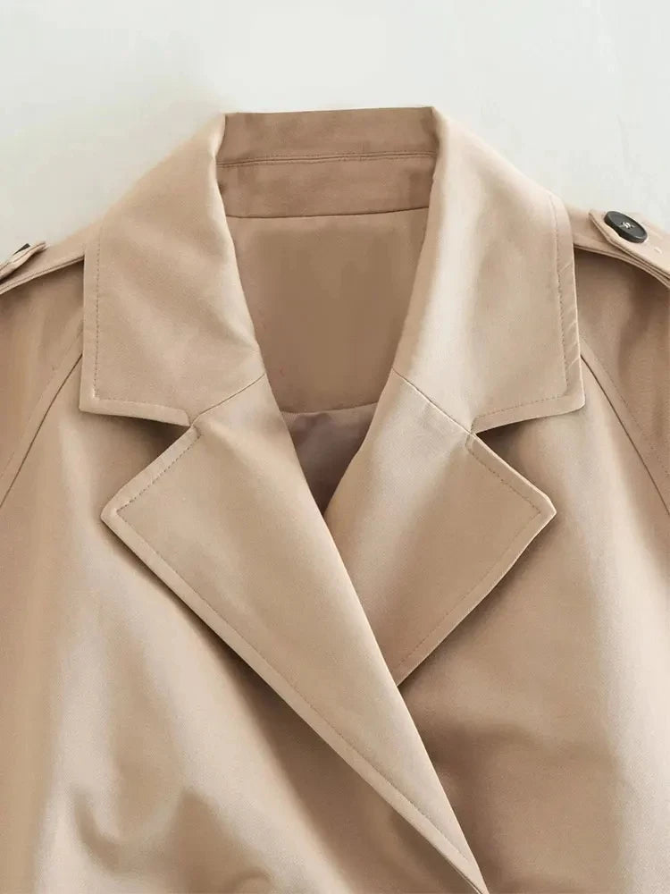 Women’s Cropped Trench Jacket with Belted Waist and Structured Lapel Collar