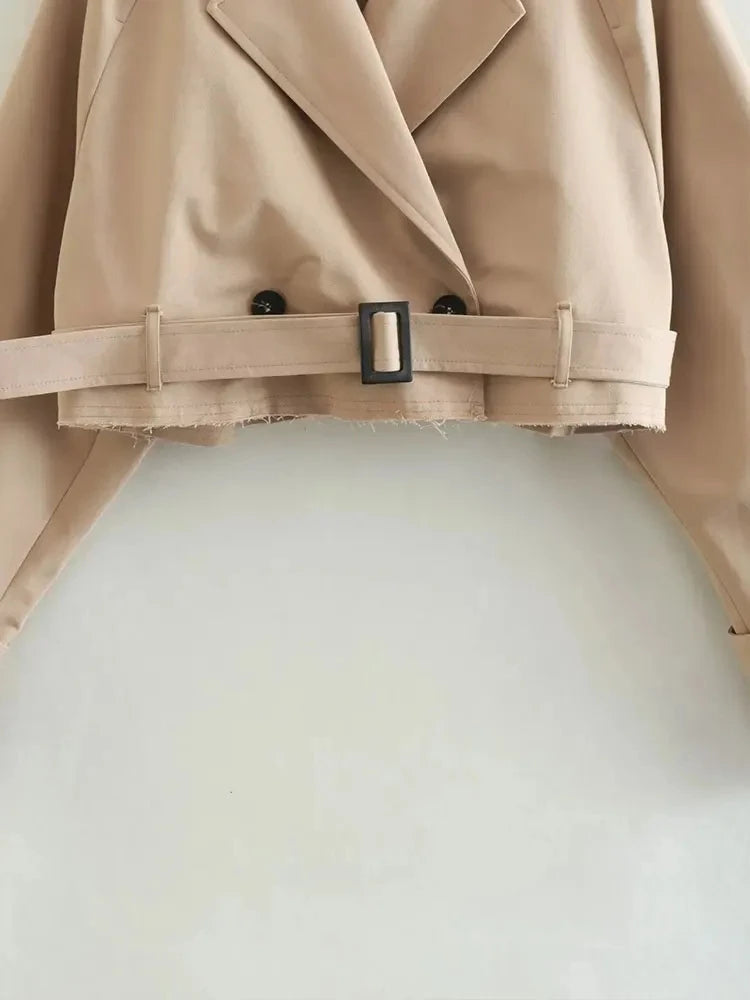 Women’s Cropped Trench Jacket with Belted Waist and Structured Lapel Collar