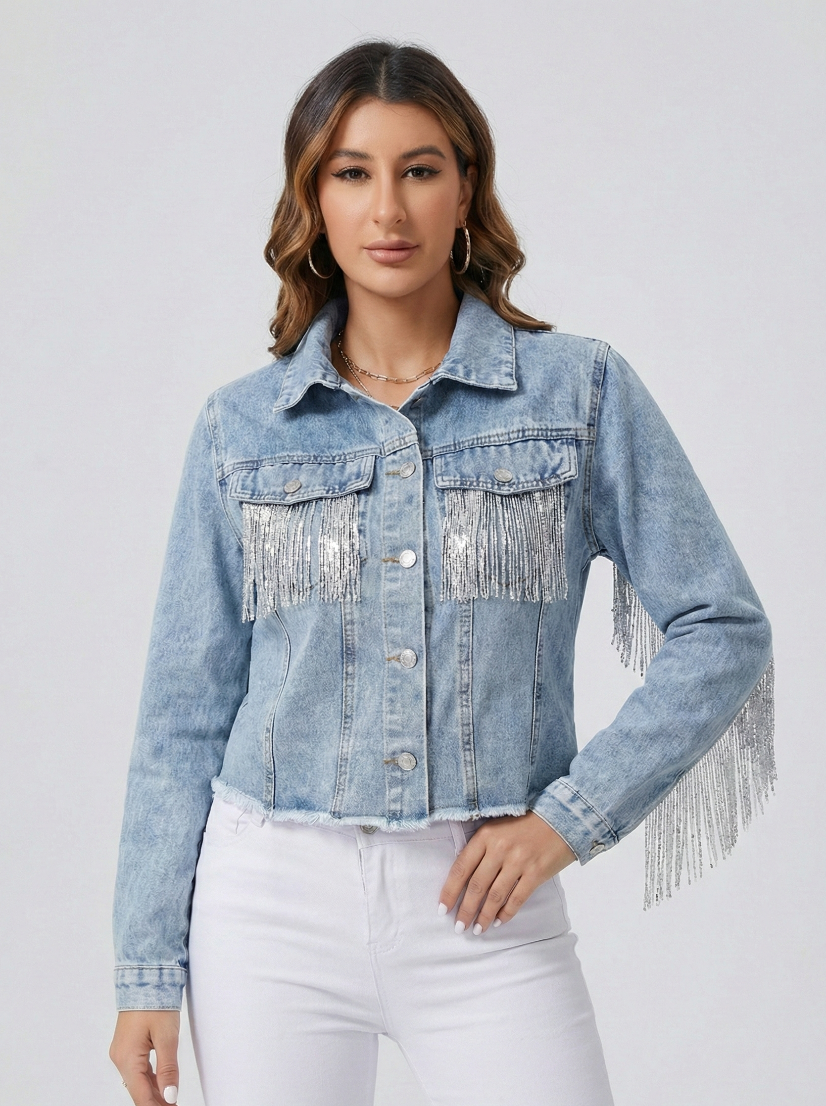 Women’s Cropped Denim Jacket with Fringe Detailing and Structured Fit