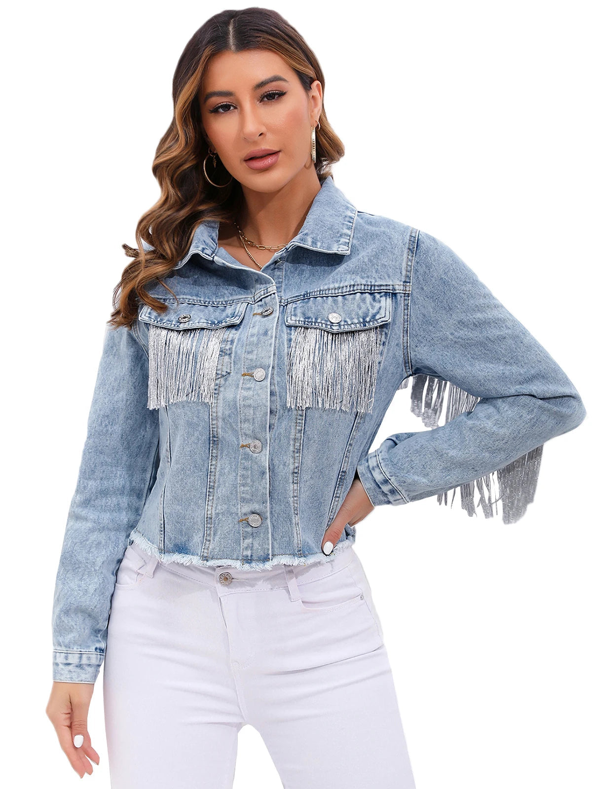 Women’s Cropped Denim Jacket with Fringe Detailing and Structured Fit