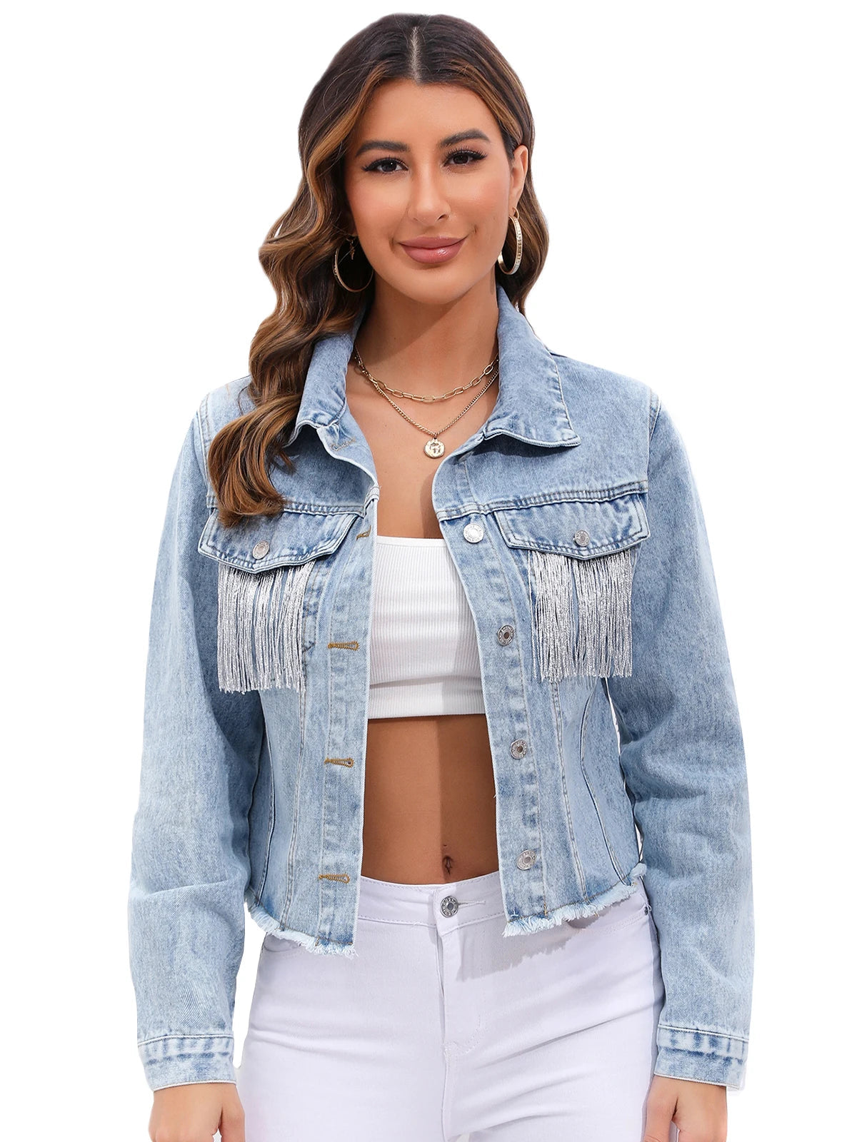 Women’s Cropped Denim Jacket with Fringe Detailing and Structured Fit
