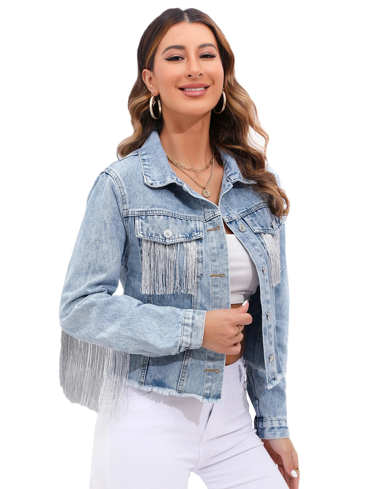 Women’s Cropped Denim Jacket with Fringe Detailing and Structured Fit