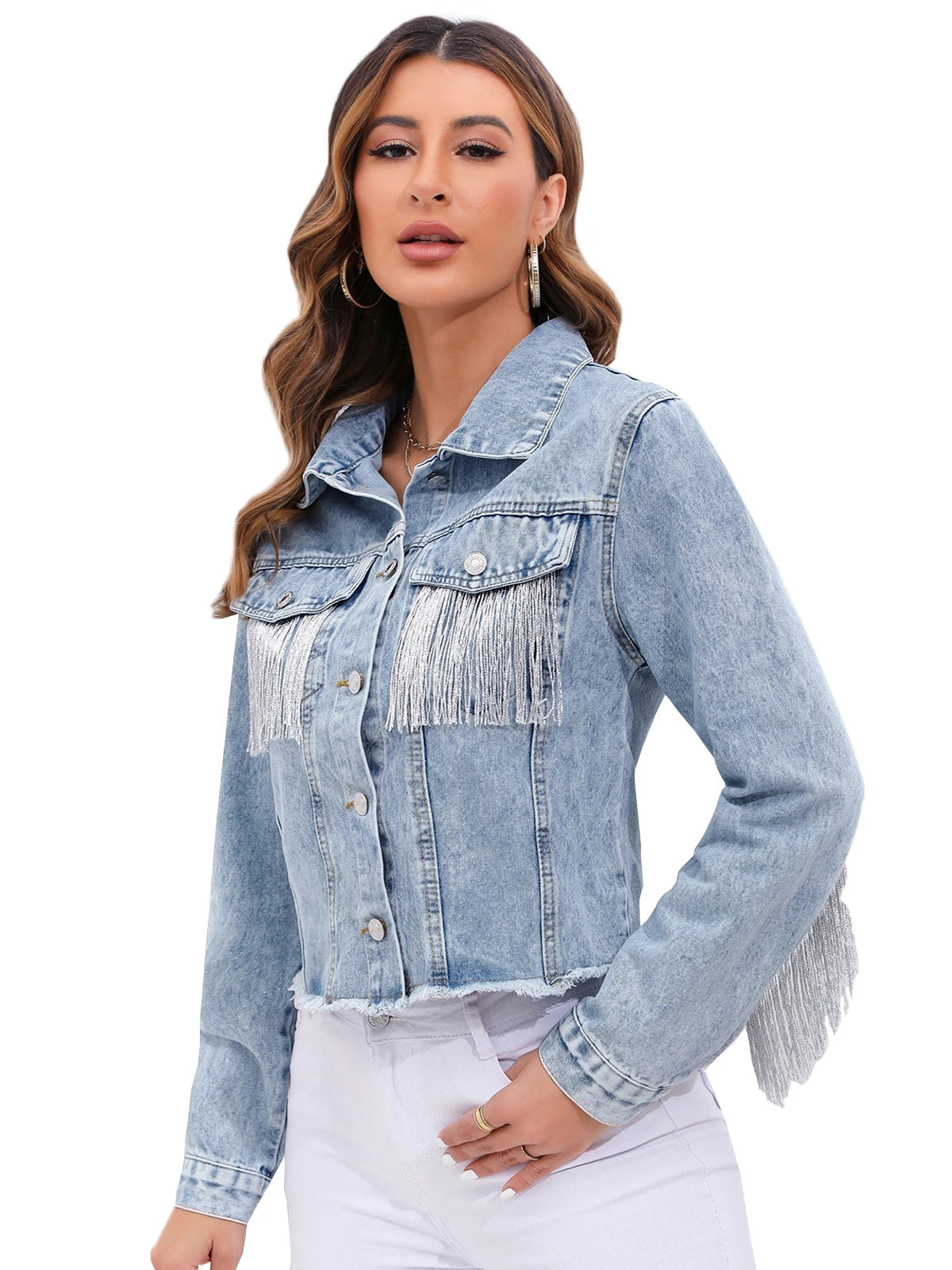 Women’s Cropped Denim Jacket with Fringe Detailing and Structured Fit