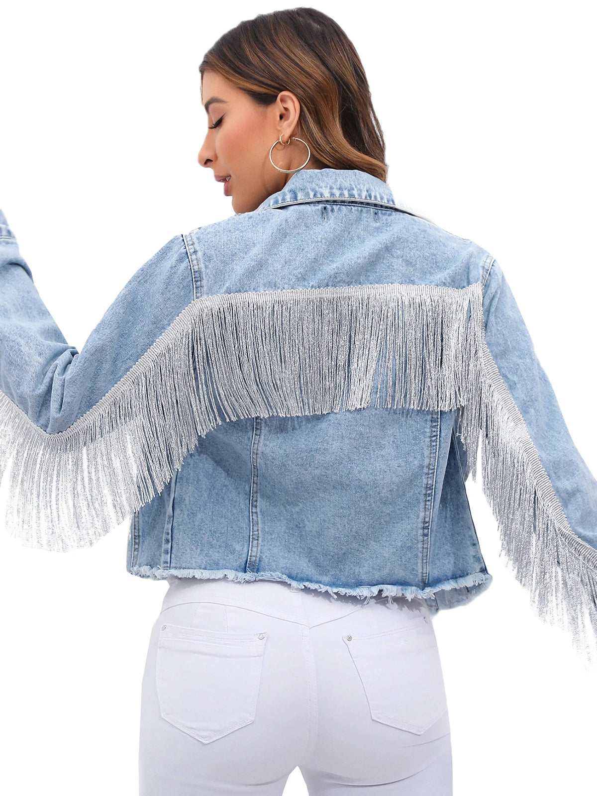 Women’s Cropped Denim Jacket with Fringe Detailing and Structured Fit