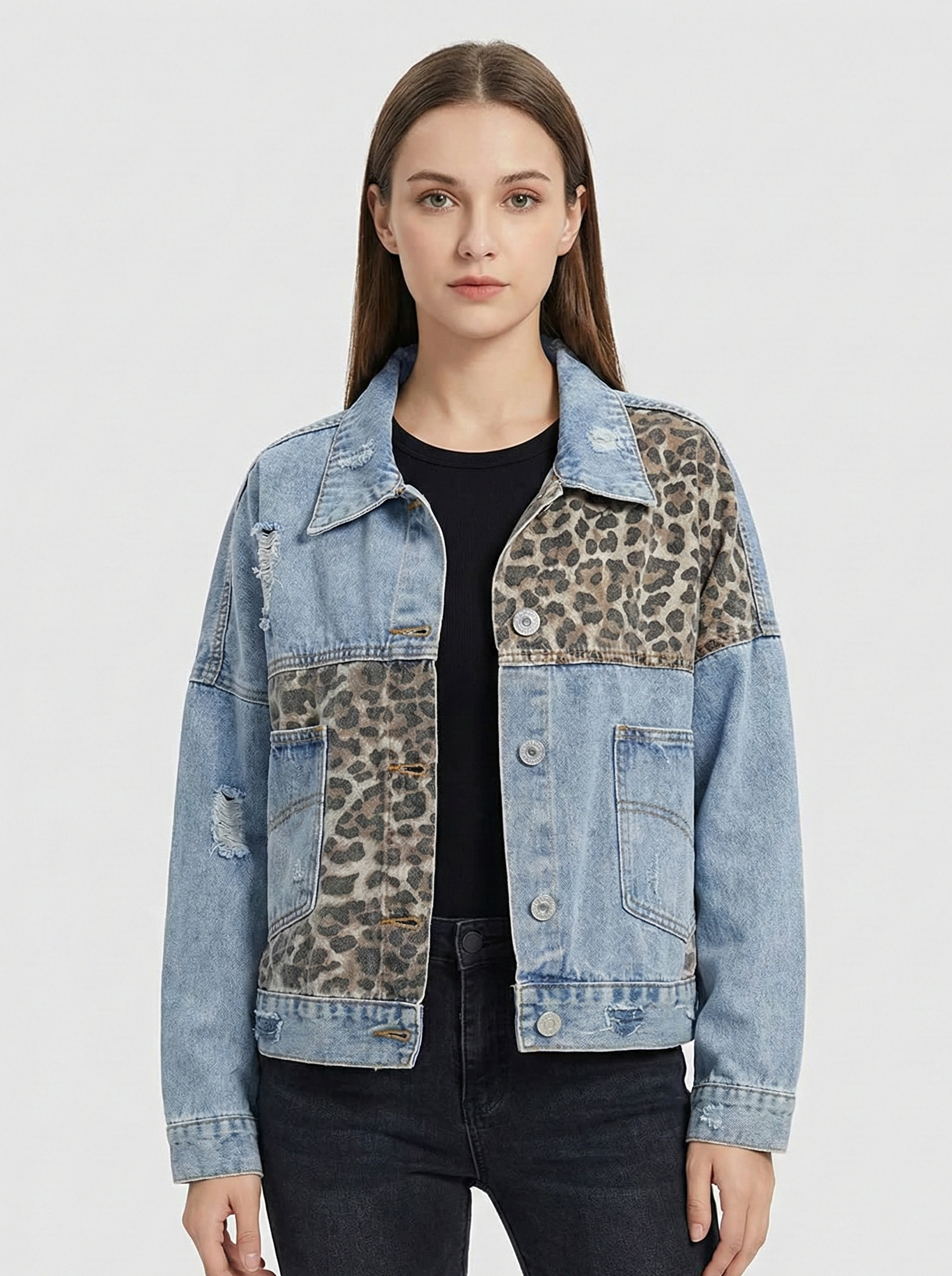 Women’s Leopard Panel Denim Jacket with Distressed Details and Modern Fit