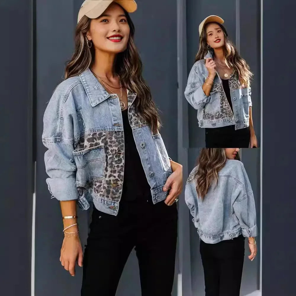 Women’s Leopard Panel Denim Jacket with Distressed Details and Modern Fit