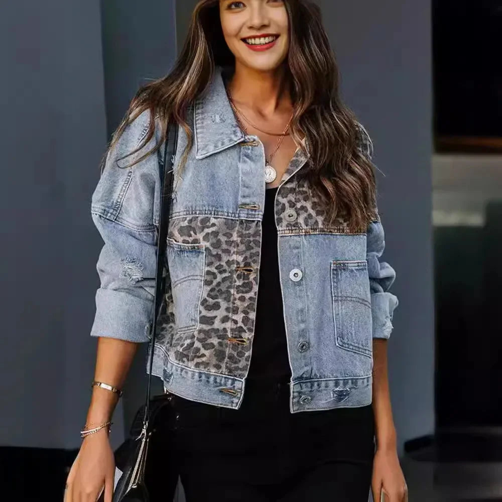 Women’s Leopard Panel Denim Jacket with Distressed Details and Modern Fit