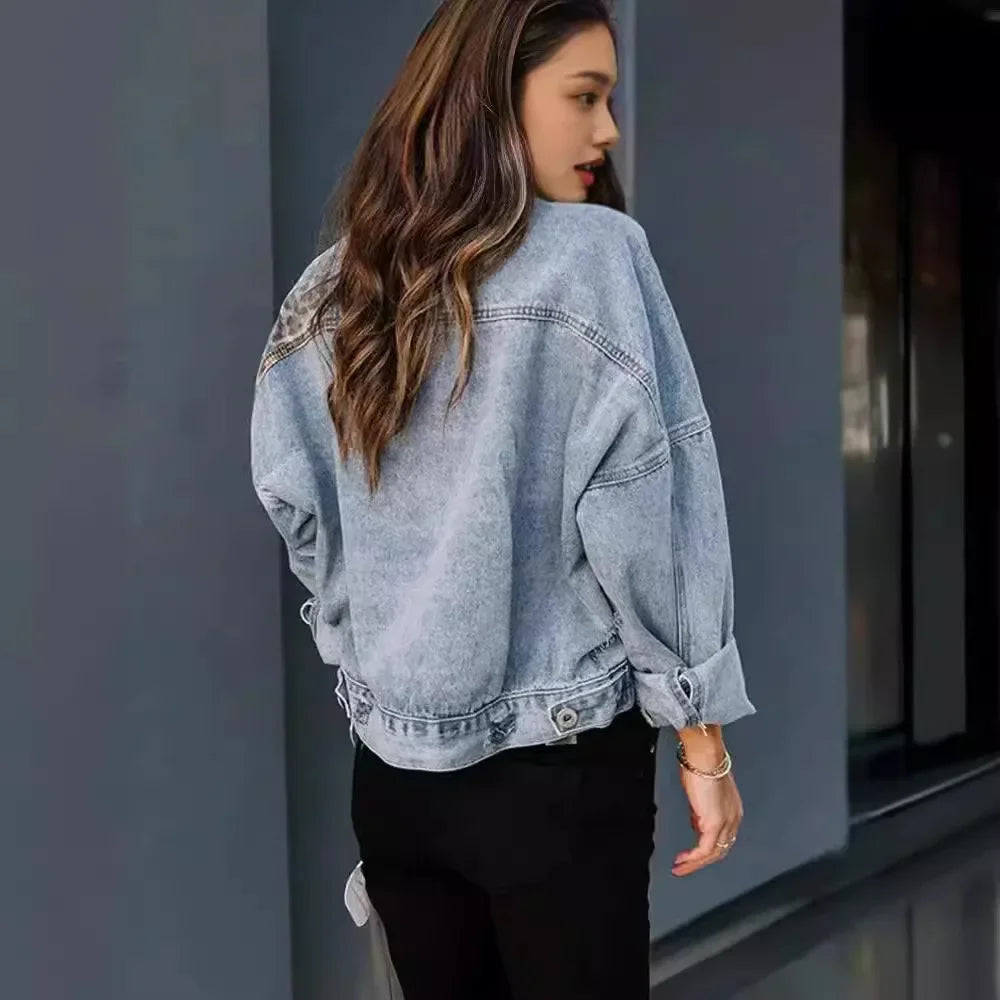Women’s Leopard Panel Denim Jacket with Distressed Details and Modern Fit