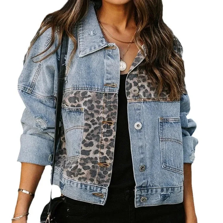 Women’s Leopard Panel Denim Jacket with Distressed Details and Modern Fit