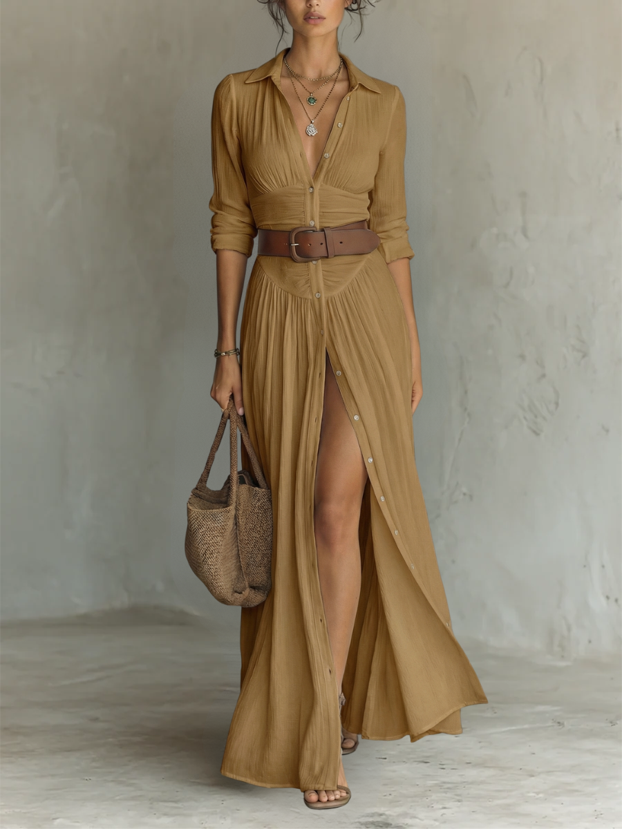 Maxi Dress for Women | Long Sleeve Linen Dress with Collar
