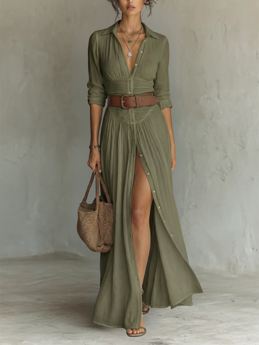 Maxi Dress for Women | Long Sleeve Linen Dress with Collar