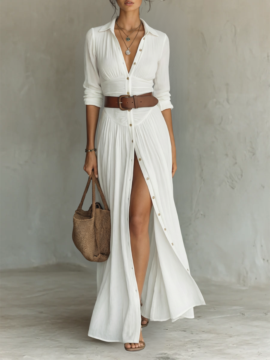 Maxi Dress for Women | Long Sleeve Linen Dress with Collar