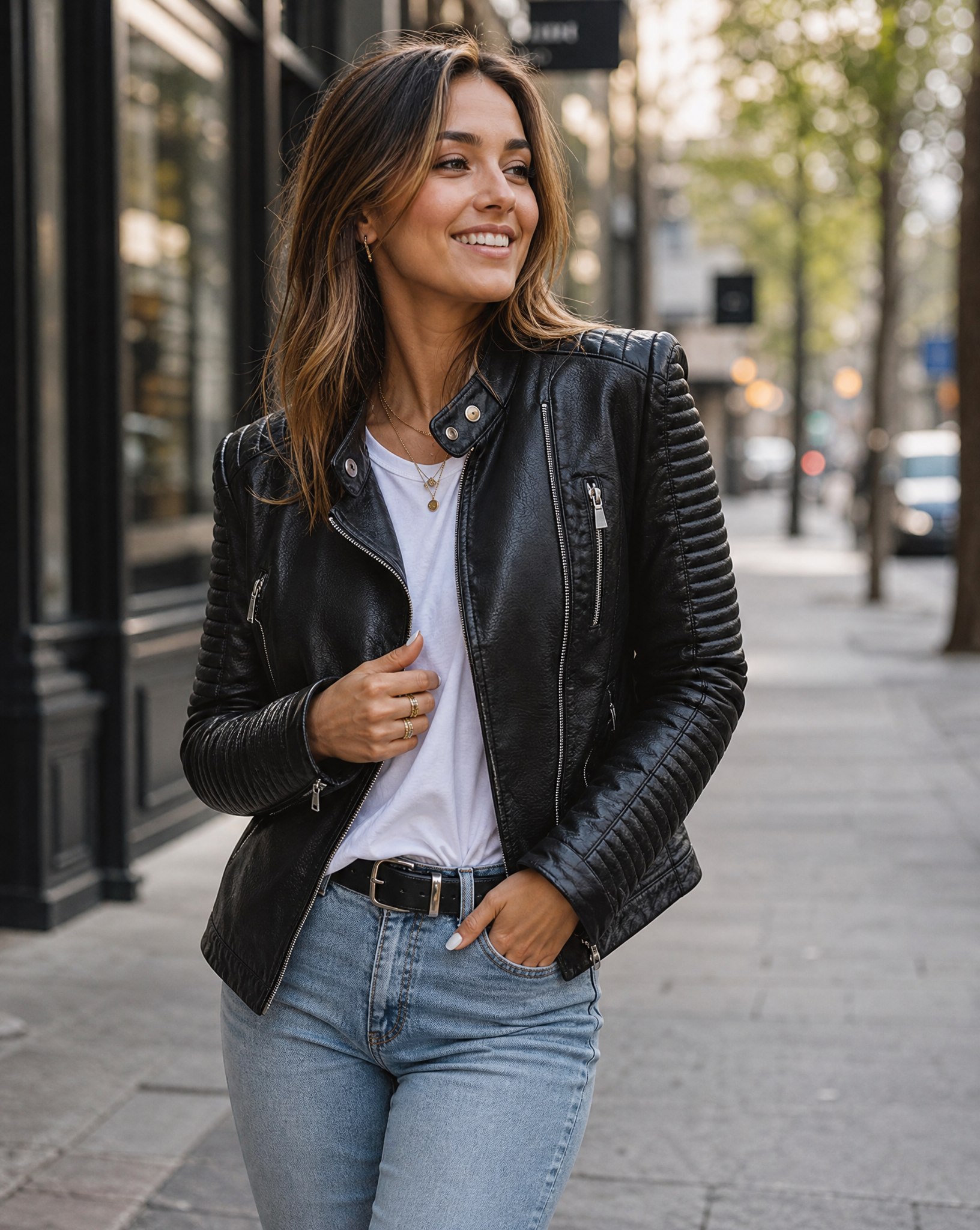Faux Leather Biker Jacket with Zip Details for Women