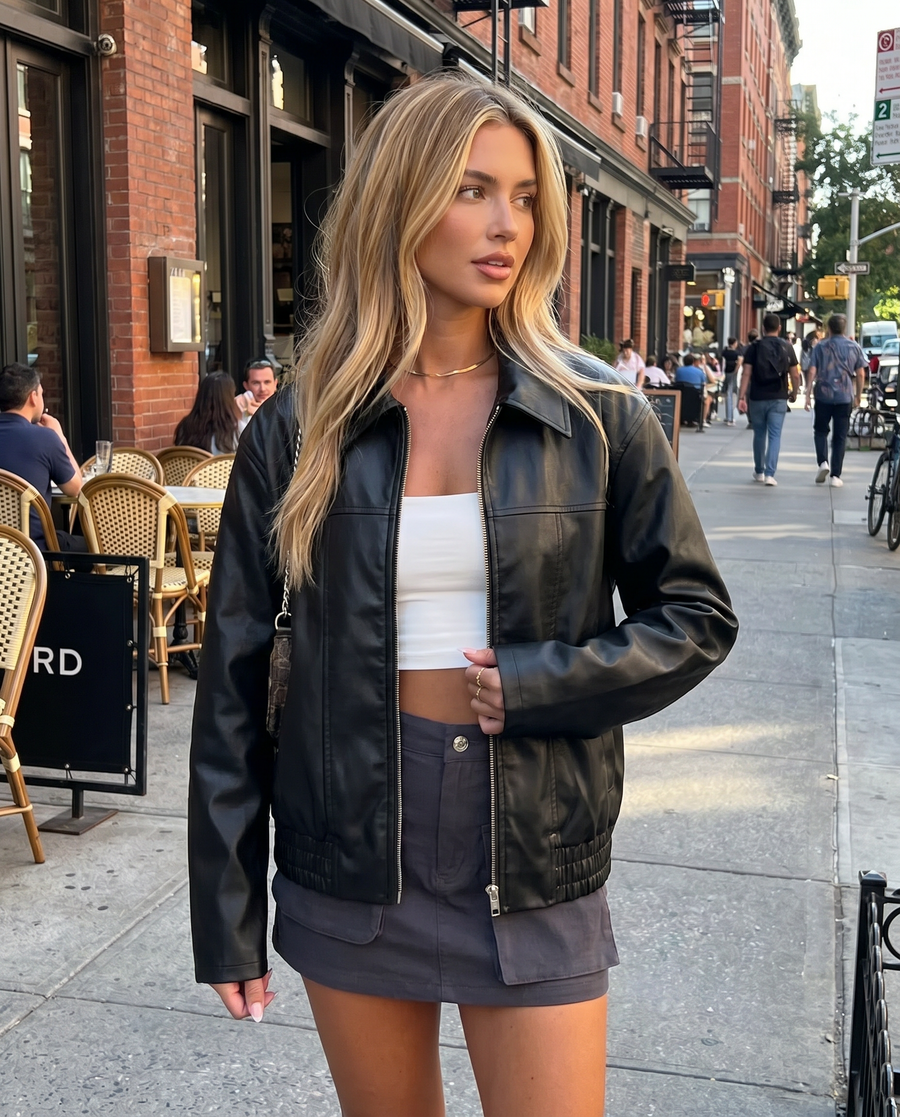 Women's Casual Black Faux Leather Jacket