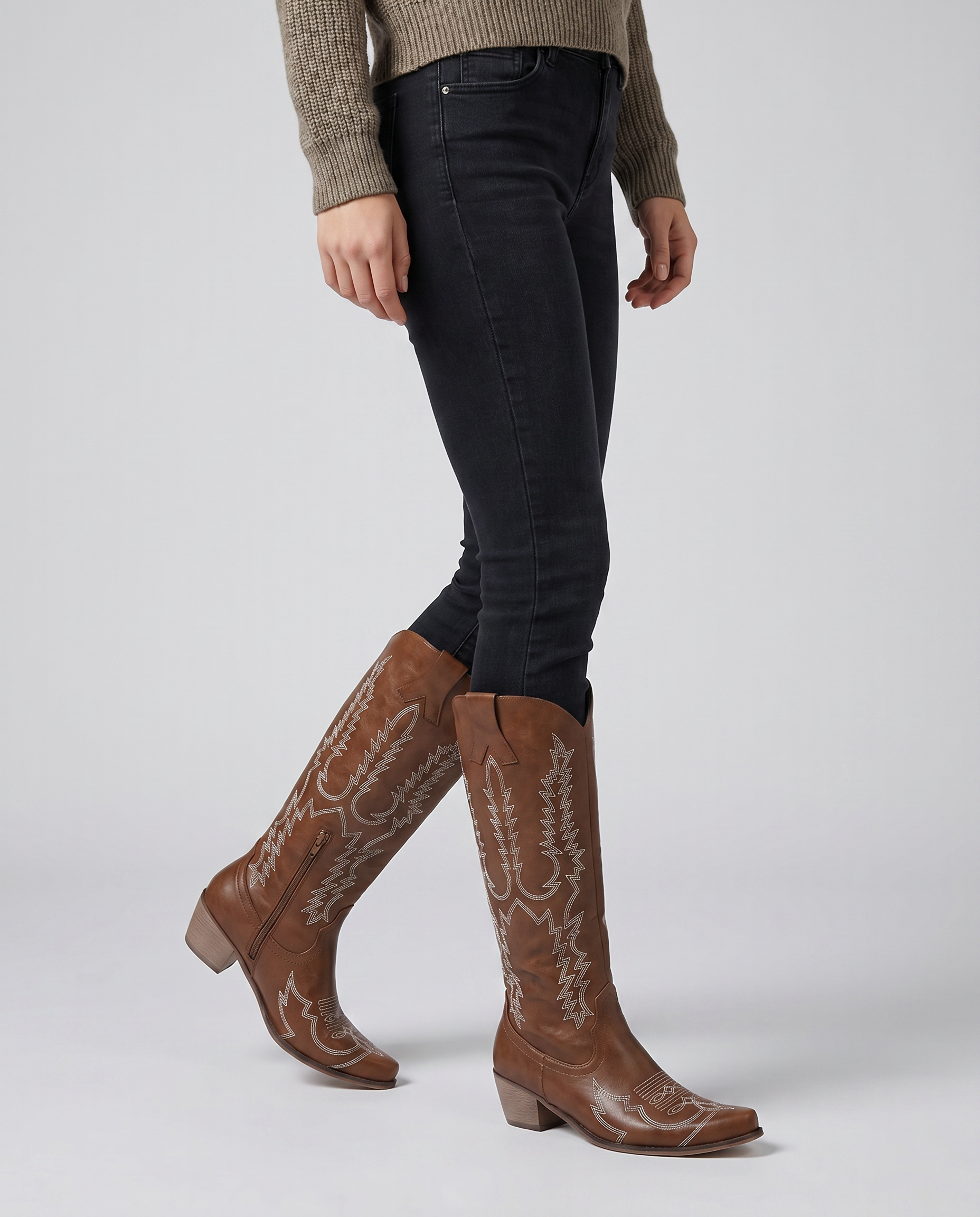 Women's Knee-High Cowboy Boots with Embroidered Design