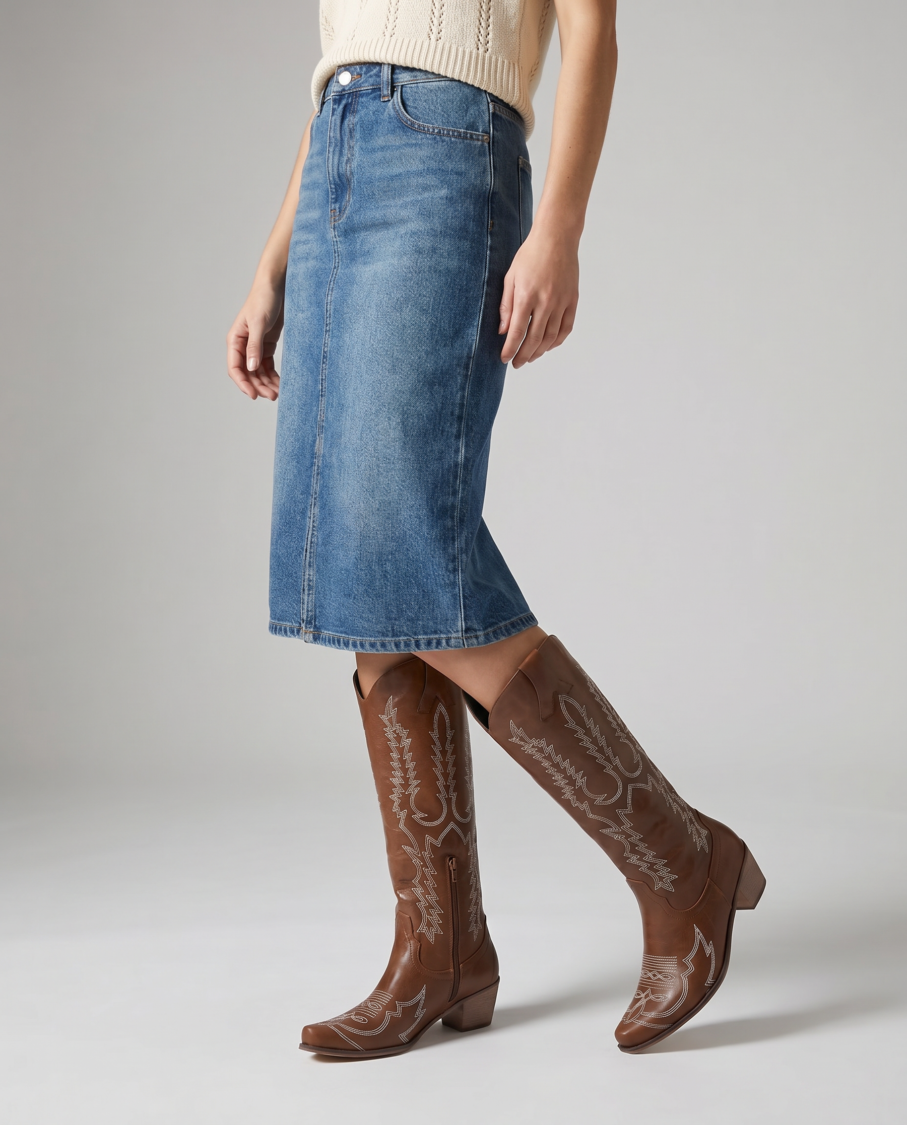 Women's Knee-High Cowboy Boots with Embroidered Design