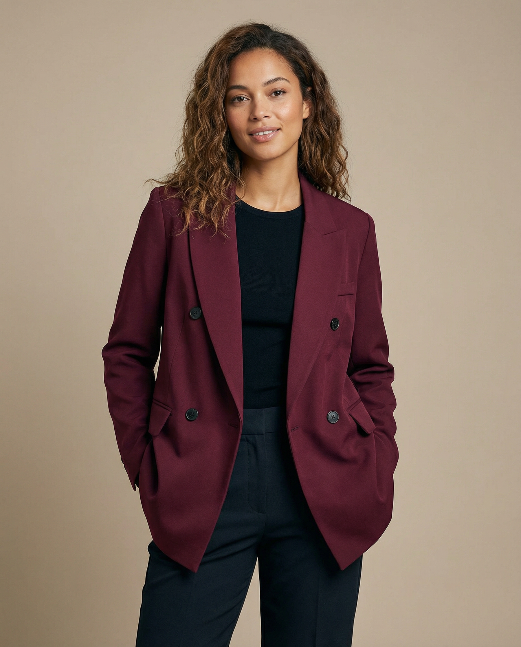 Burgundy Vintage Blazer – Classic Double Breasted Style for Autumn Elegance