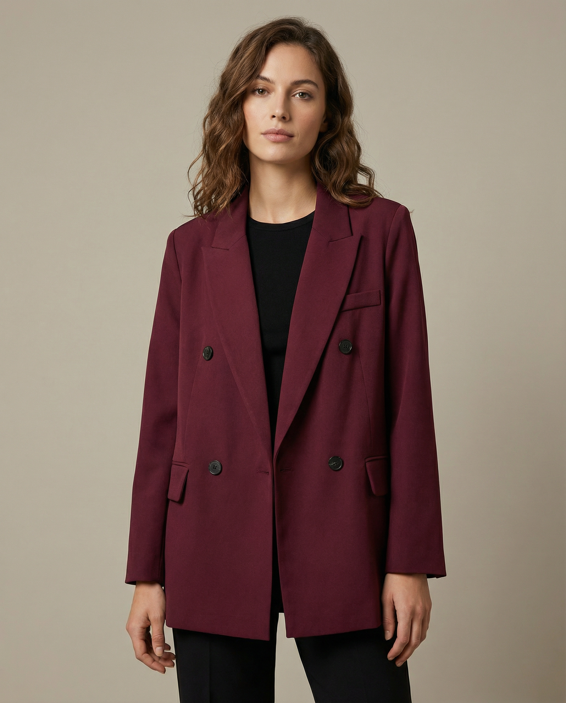 Burgundy Vintage Blazer – Classic Double Breasted Style for Autumn Elegance