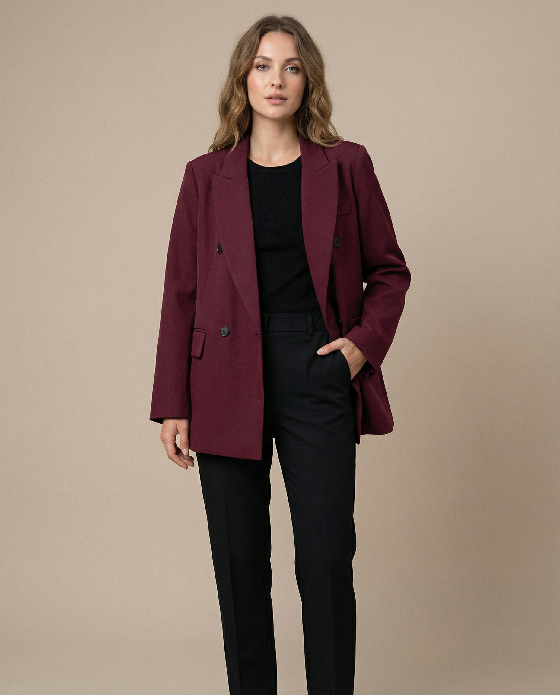 Burgundy Vintage Blazer – Classic Double Breasted Style for Autumn Elegance