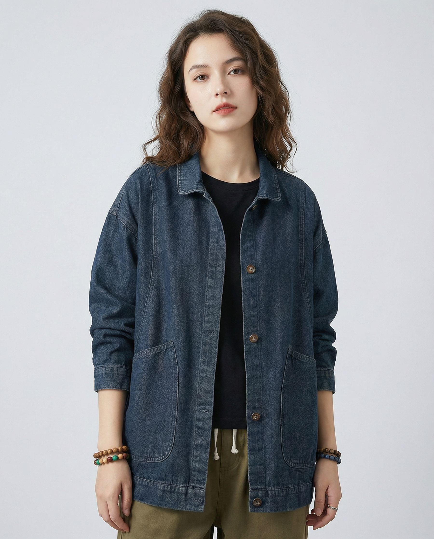 Women’s Oversized Longline Denim Jacket with Utility Pockets and Relaxed Street Style Fit