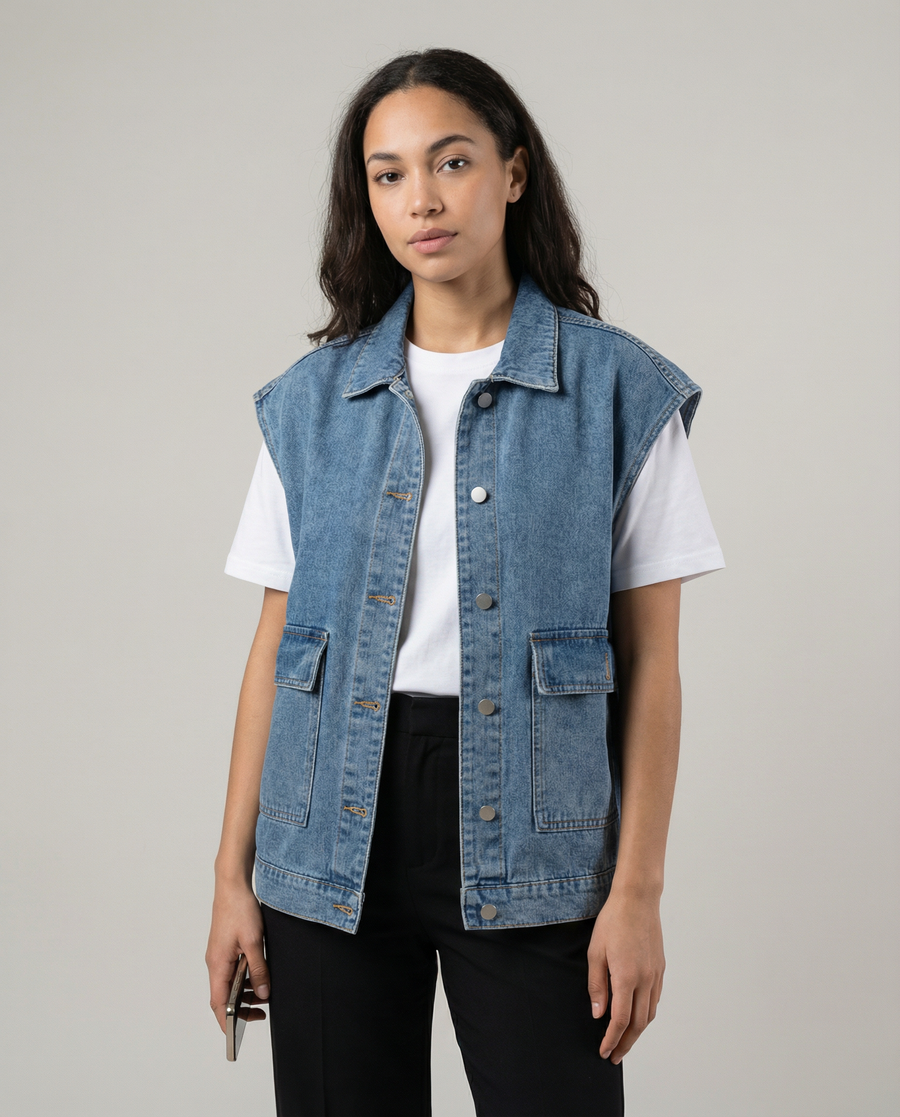 Women’s Oversized Denim Vest with Button-Down Front and Relaxed Street Style Fit
