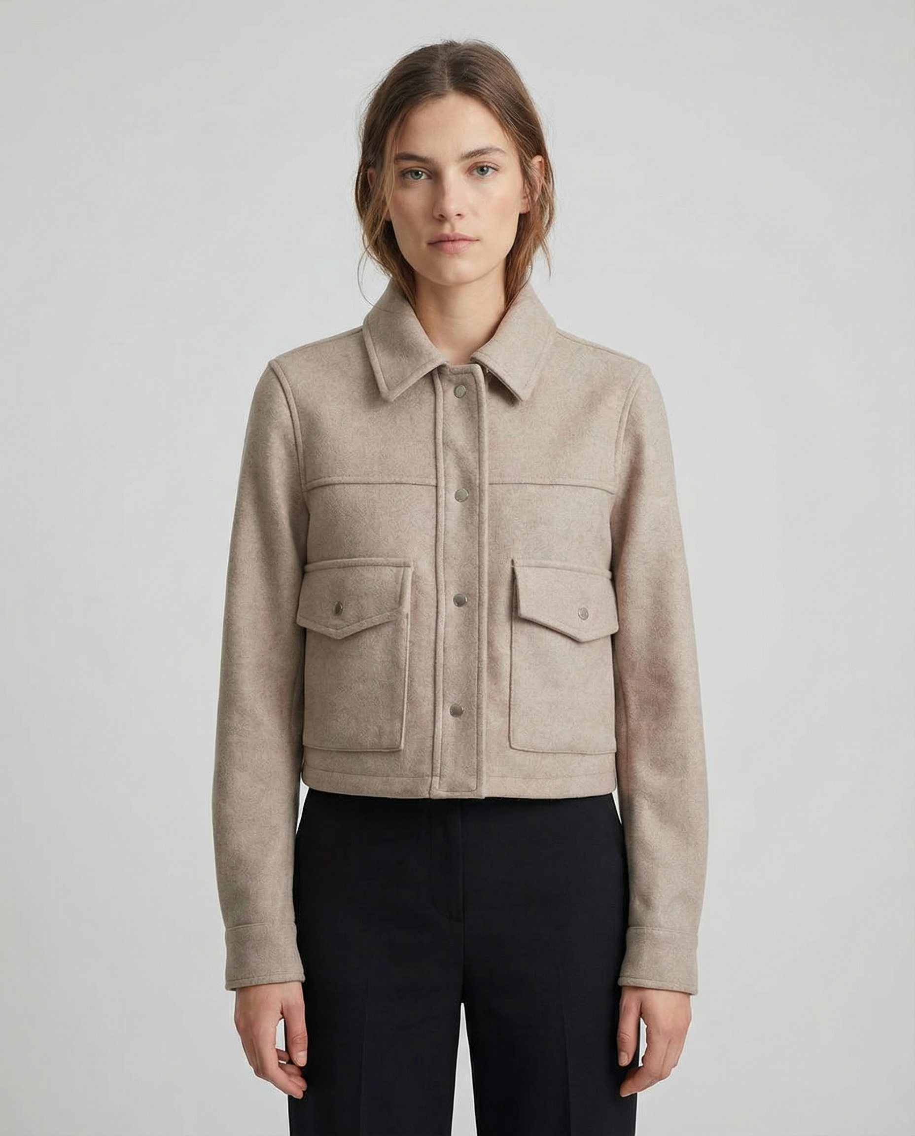 Women’s Cropped Wool-Blend Jacket with Button Front and Structured Utility Design