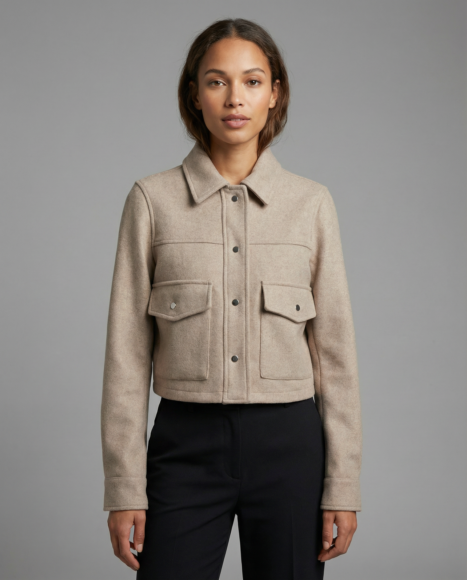 Women’s Cropped Wool-Blend Jacket with Button Front and Structured Utility Design