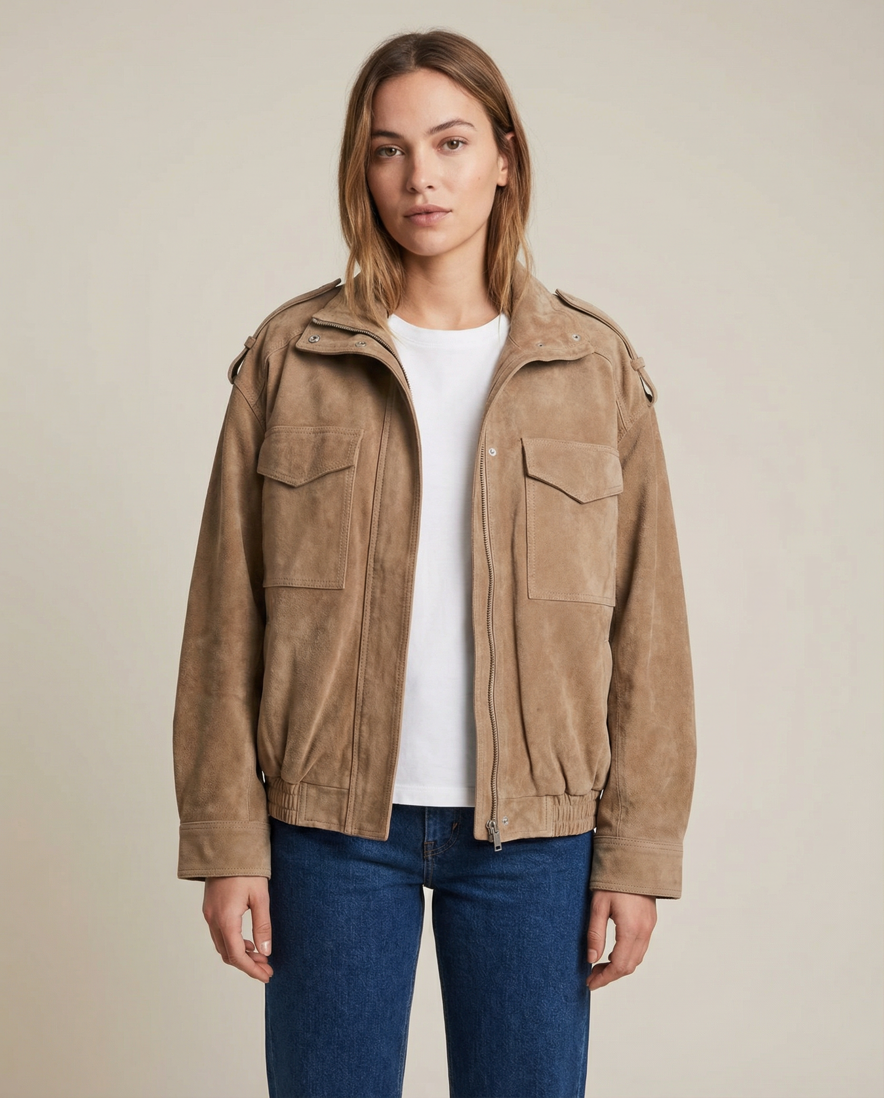 Women’s Oversized Suede Hooded Jacket with Zip Front and Utility Pocket Design