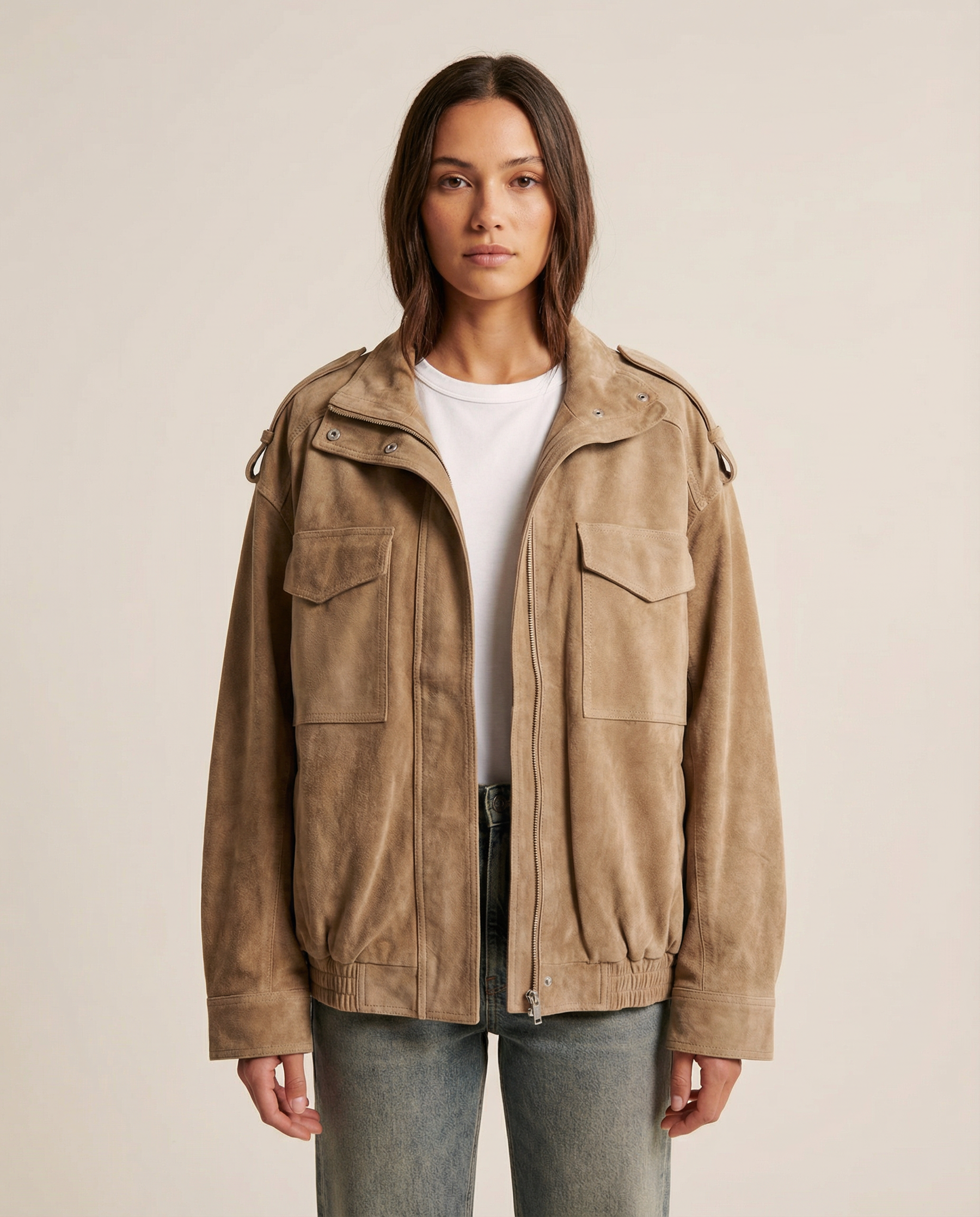 Women’s Oversized Suede Hooded Jacket with Zip Front and Utility Pocket Design