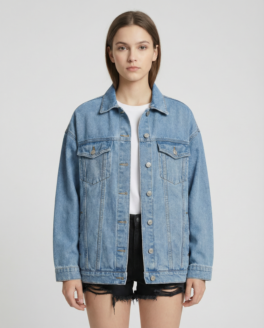 Women’s Oversized Denim Jacket with Classic Button Front and Relaxed Streetwear Fit