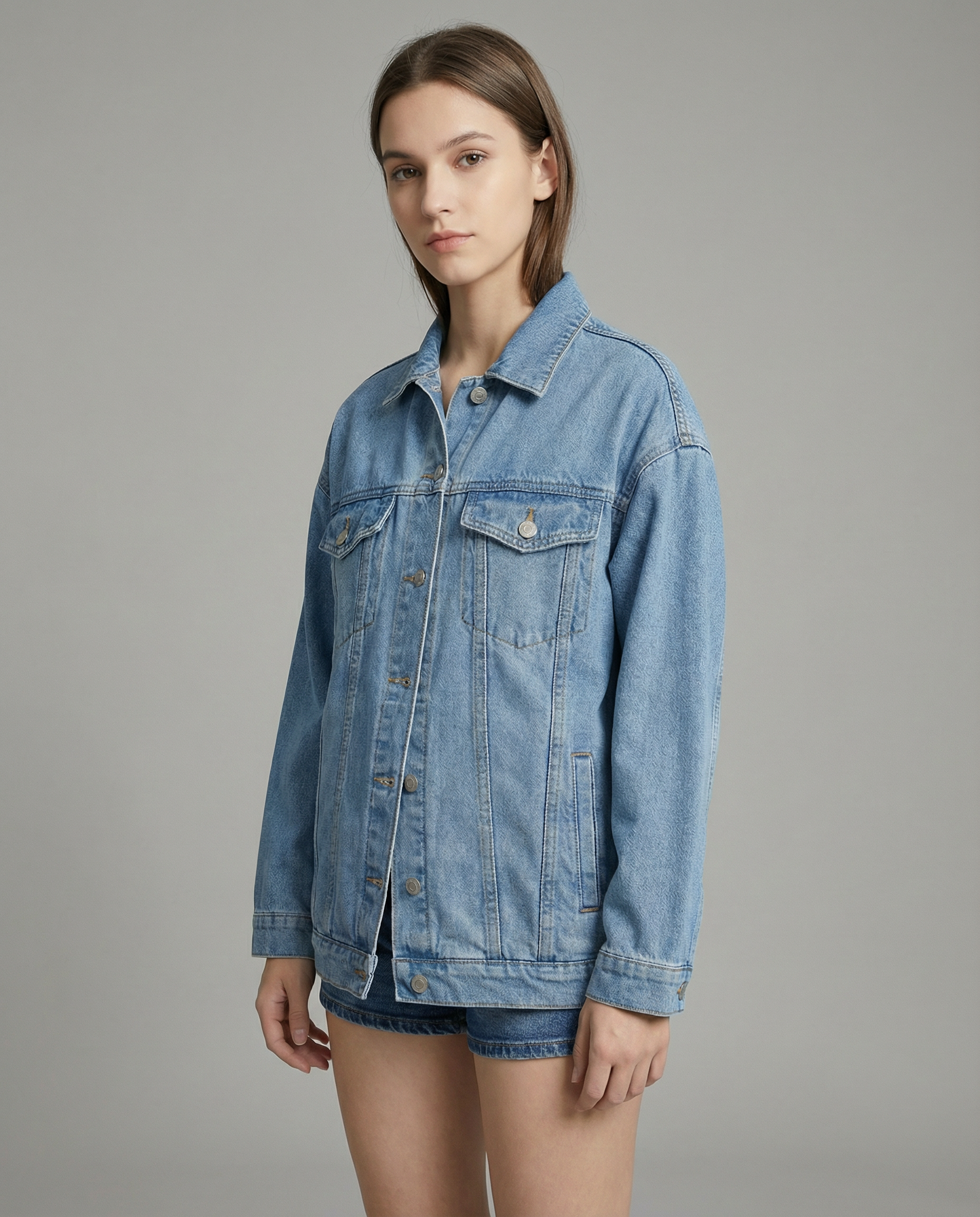 Women’s Oversized Denim Jacket with Classic Button Front and Relaxed Streetwear Fit